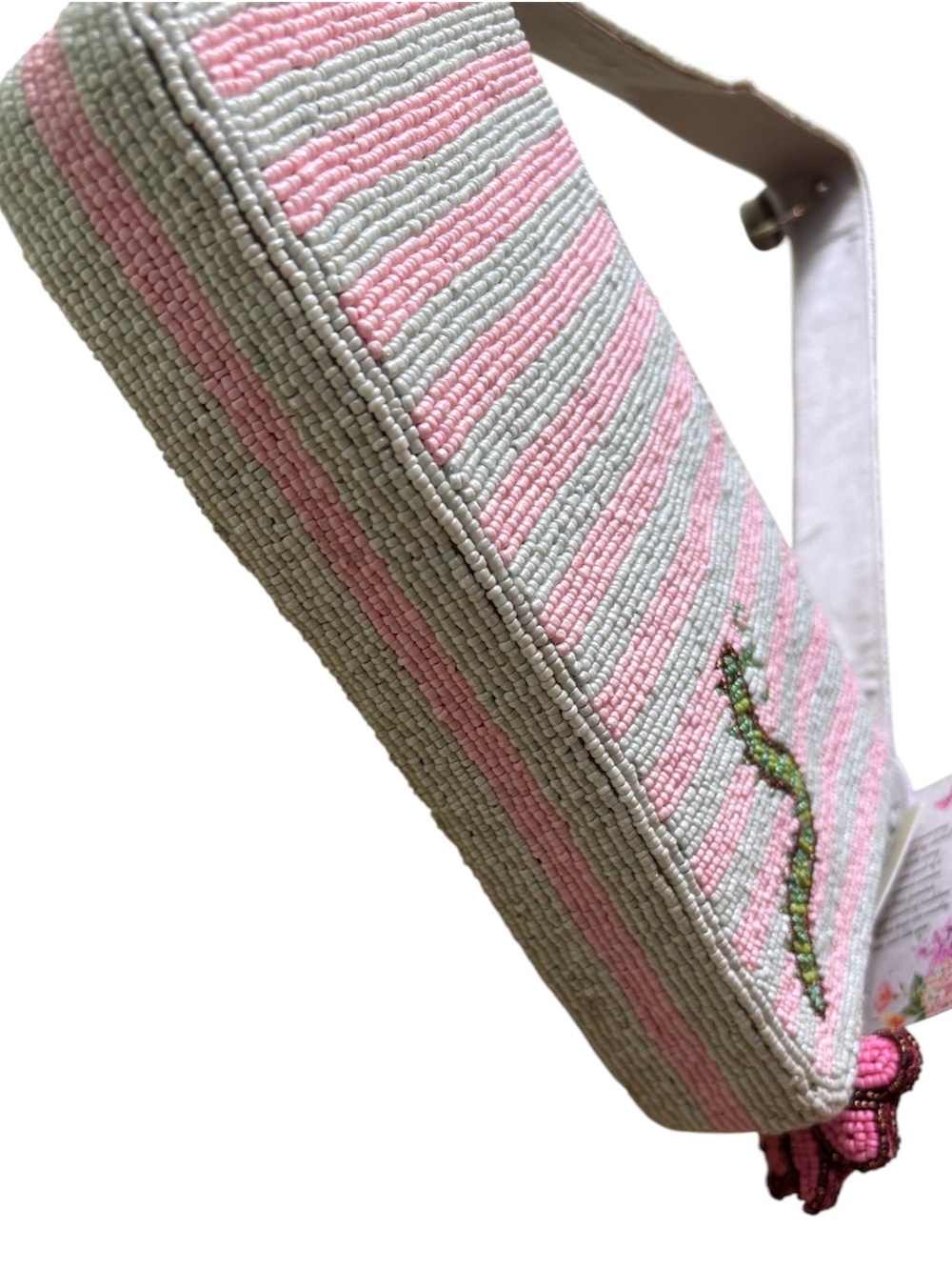 Pink & Mint Green Beaded Garden Insect Motif Shoulder Bag - Picture 3 of 7